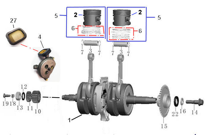 CRANKSHAFT, OIL PUMP, PISTONS AND RINGS