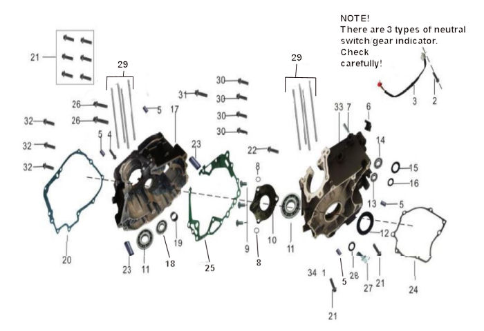 CRANKCASES, GASKETS, NEUTRAL SWITCH